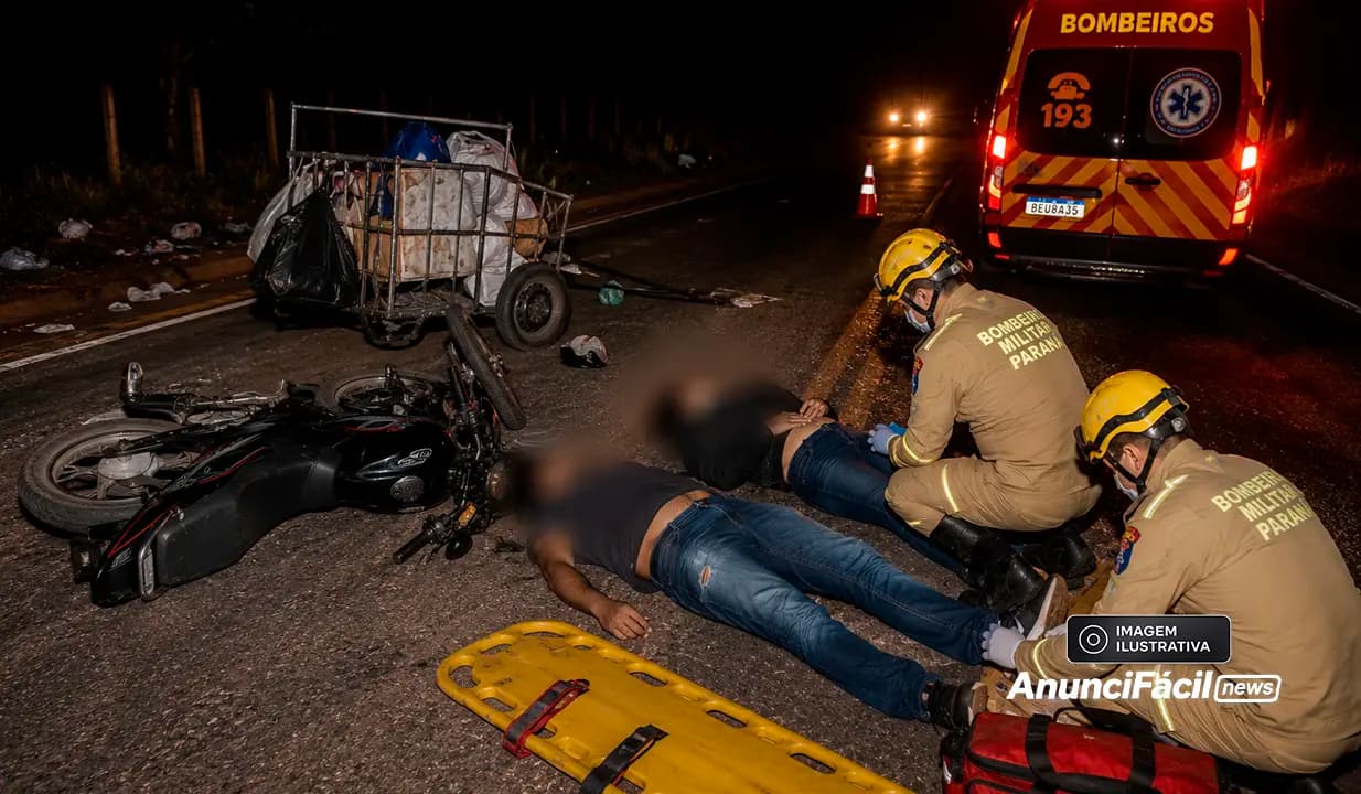 Colisão entre motocicleta e carrinho de recicláveis deixa duas pessoas feridas na PR-160