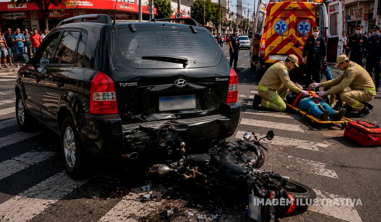 Motociclista sofre ferimento grave no rosto após colisão no centro de Cornélio Procópio
