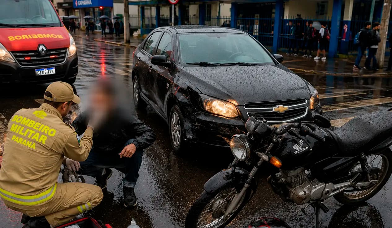 Motociclista sofre corte no queixo após colisão no centro de Cornélio Procópio