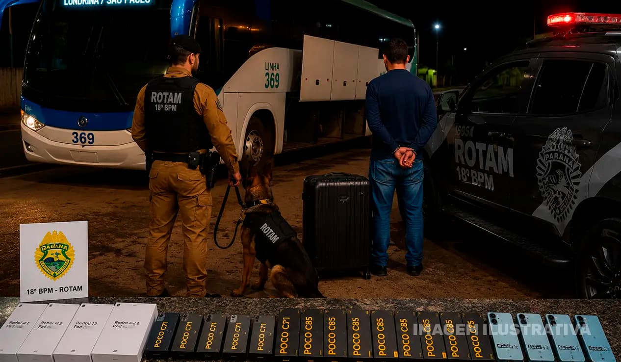 Cão farejador ajuda polícia a localizar carga suspeita de contrabando em ônibus na BR 369