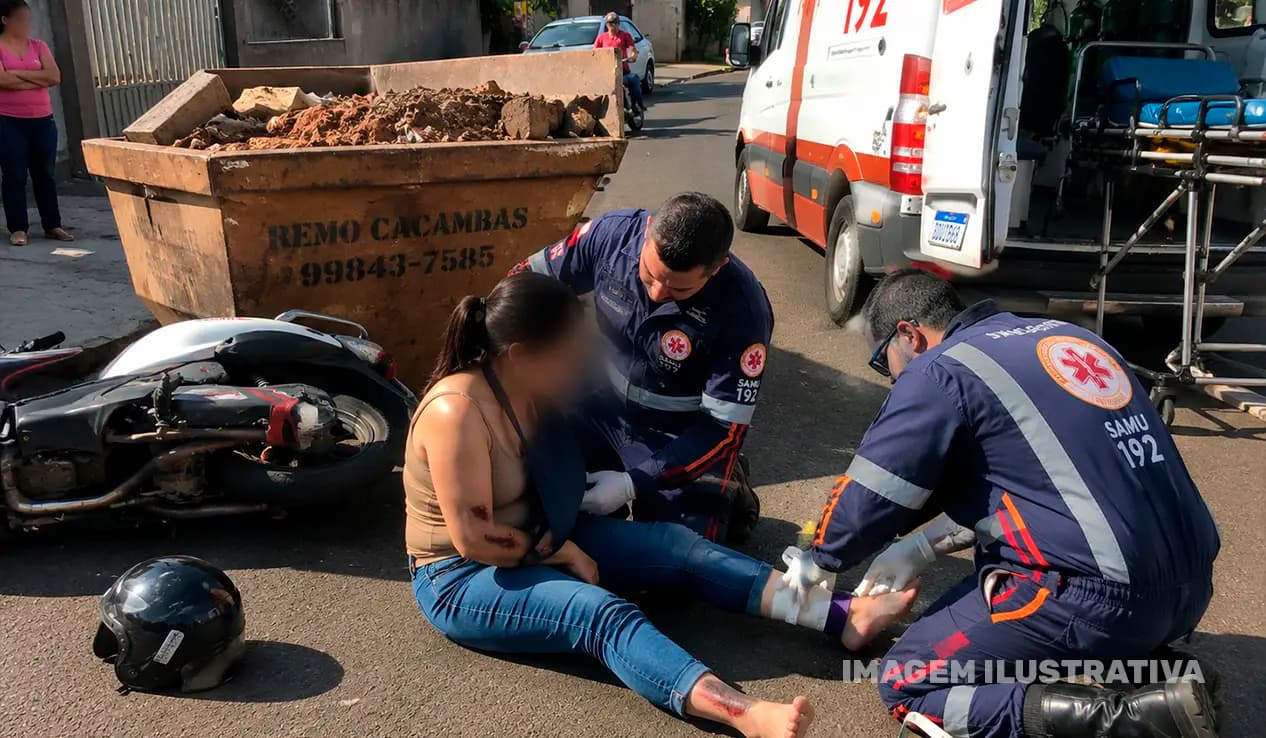 Motociclista fica ferida após bater em caçamba no Jardim Primavera, em Cornélio Procópio