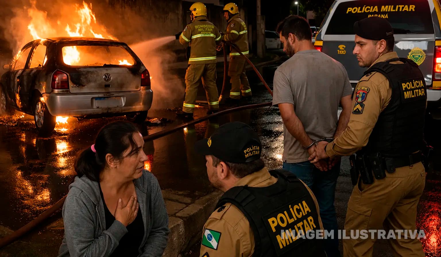 Homem incendeia carro, agride companheira e é preso em Bandeirantes