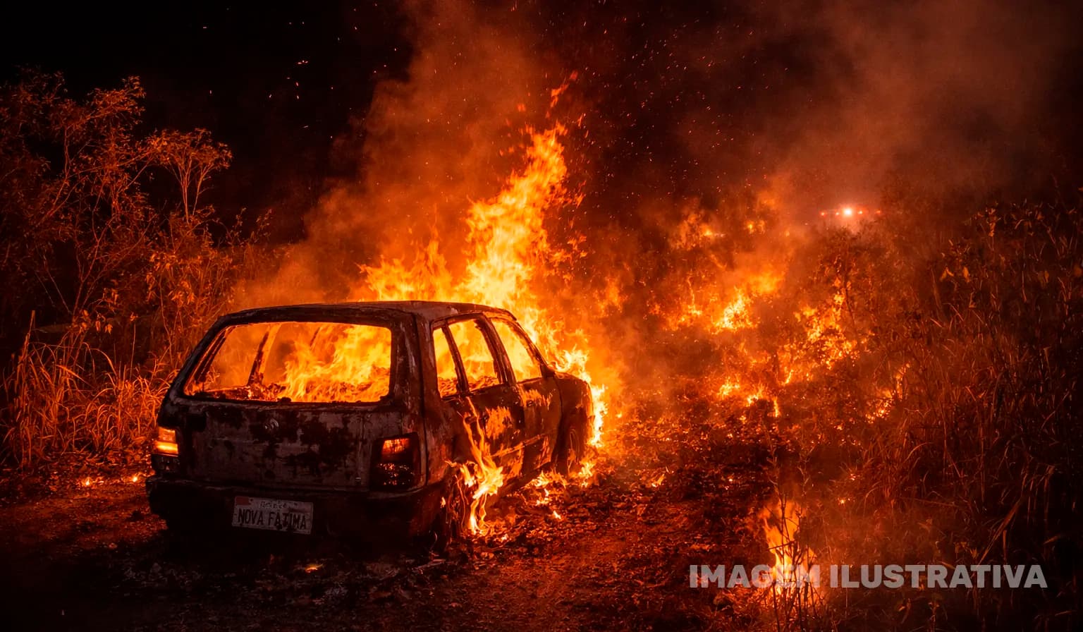 Veículo pega fogo em área rural e incêndio atinge vegetação em Nova Fátima