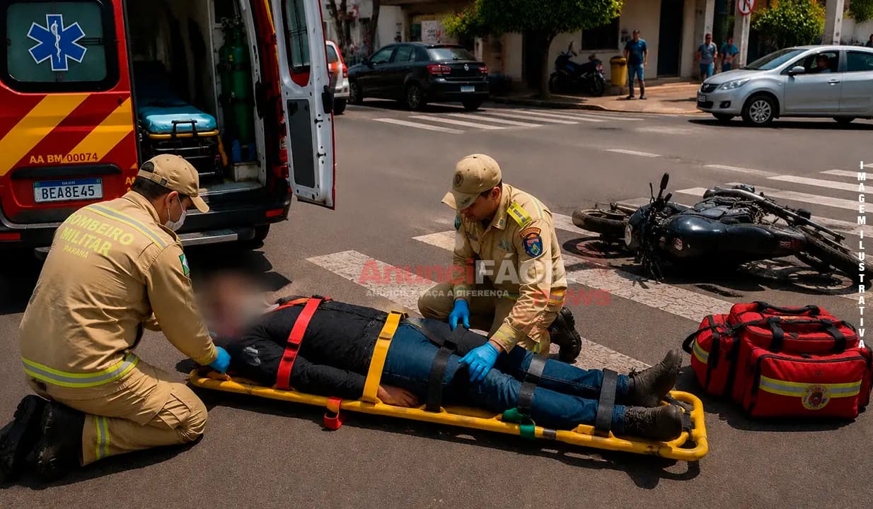 Motociclista sofre queda e é socorrido com suspeita de fratura na clavícula em Cornélio Procópio