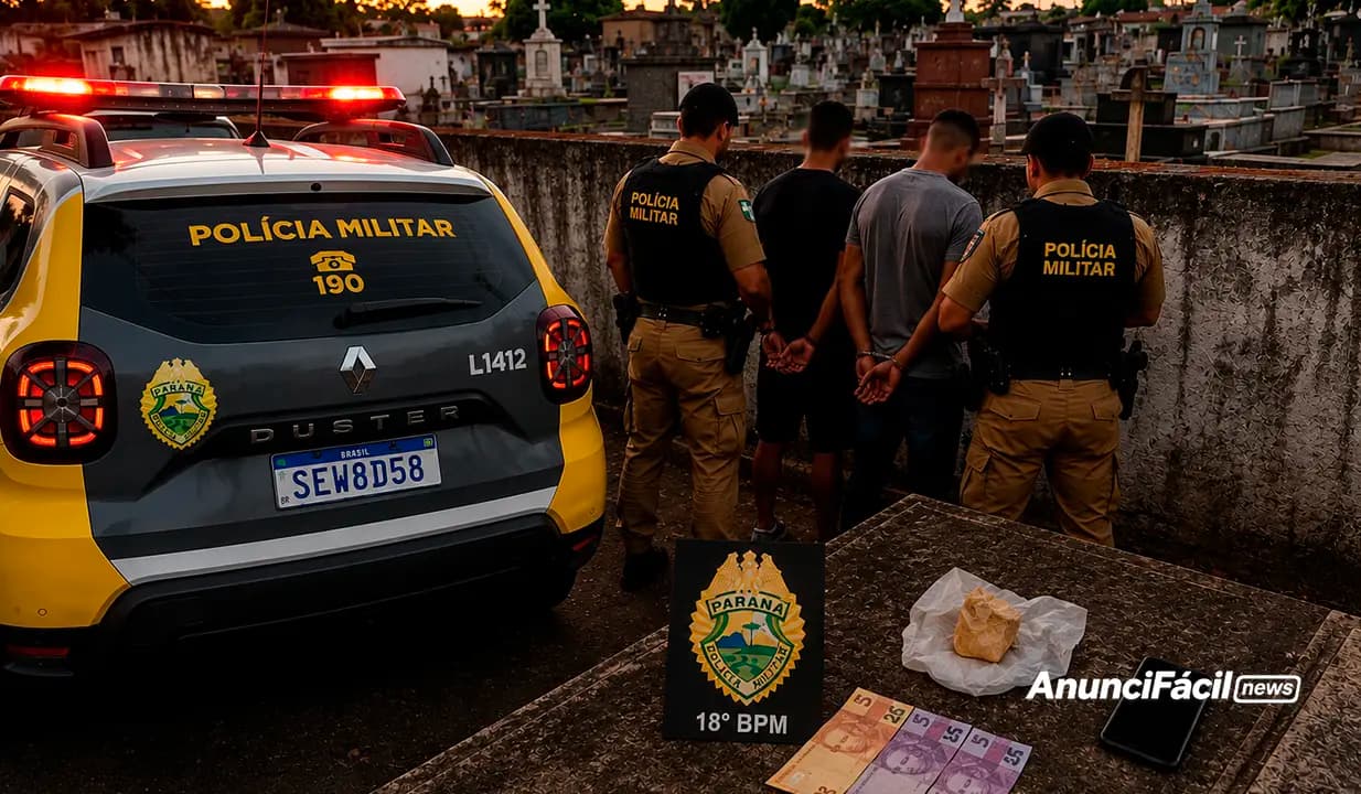 Suspeito é flagrado buscando crack entre túmulos de cemitério durante ação da PM em Cornélio Procópio