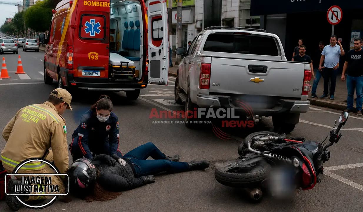 Motociclista é encaminhada ao hospital após colisão com caminhonete no centro de Cornélio Procópio