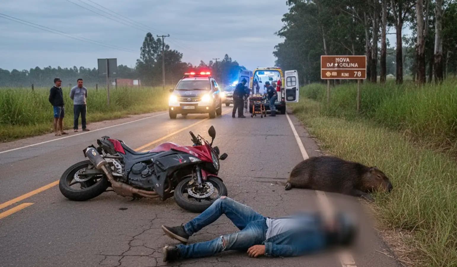 Motociclista fica ferido após colidir com animal na entrada de Nova América da Colina