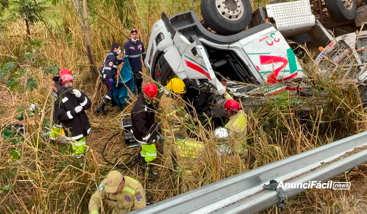 Motorista fica preso por mais de duas horas após caminhão com carga de aves capotar na BR-369