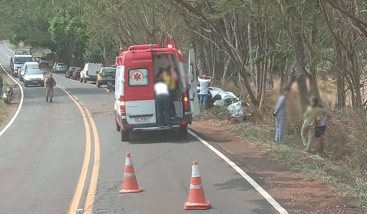 Acidente com veículo choca-se contra árvore na PR-436, em Ribeirão do Pinhal